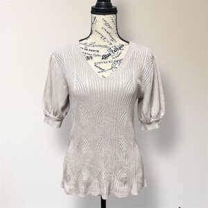 New Elie Tahari M Beige Ribbed knit V Neck Puff Sleeve Pullover Sweater‎ Holiday